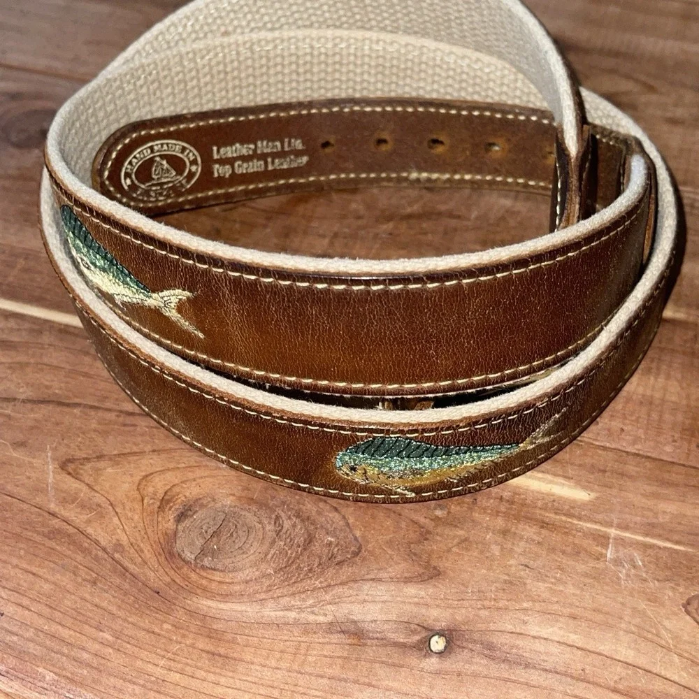 Fishing Belt 34-36 Leather Ends Embroidered Fish Mahi-Mahi Canvas Brass